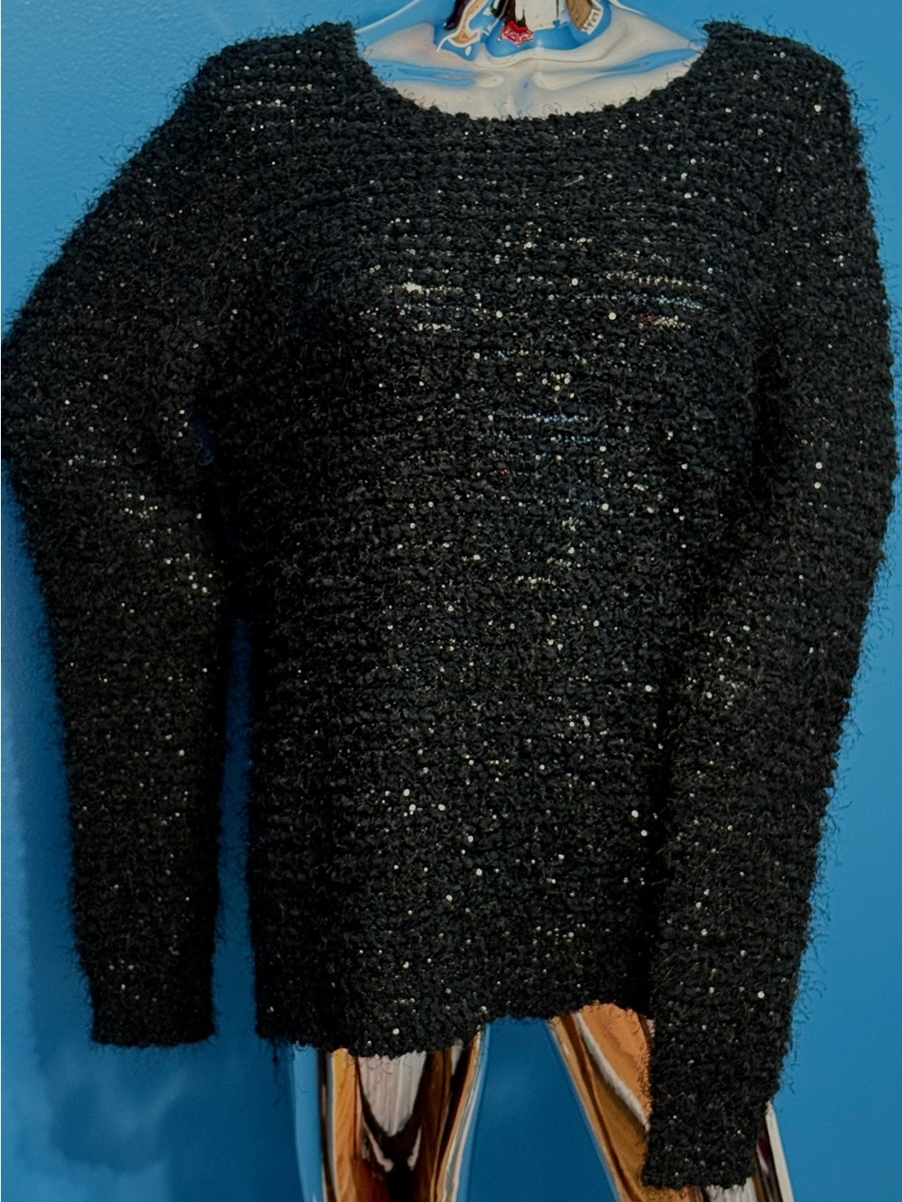 Jennifer Lopez Black Sparkle Crewneck Sweater with a Bow in the back L